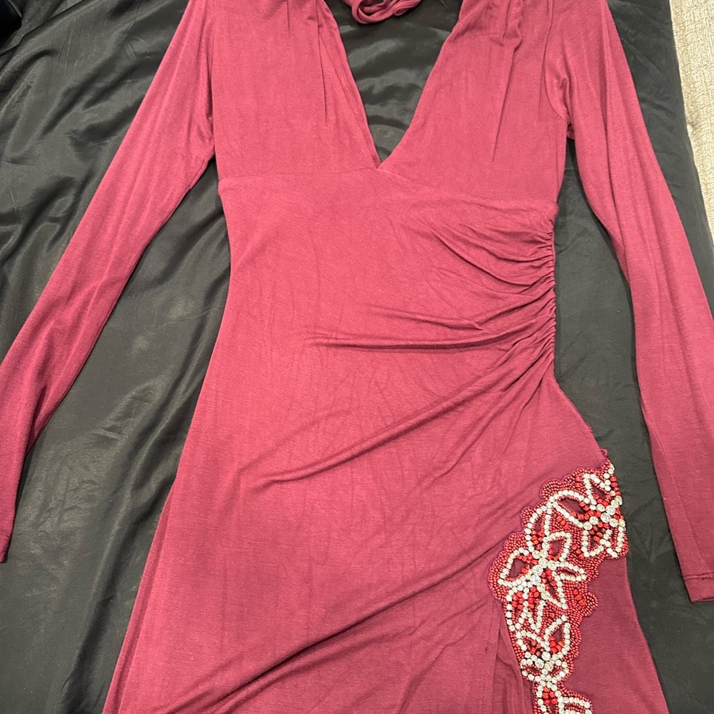 Sky Clothing Dress with crystals and slit Size Small Burgundy Maroon Color - Picture 6 of 7